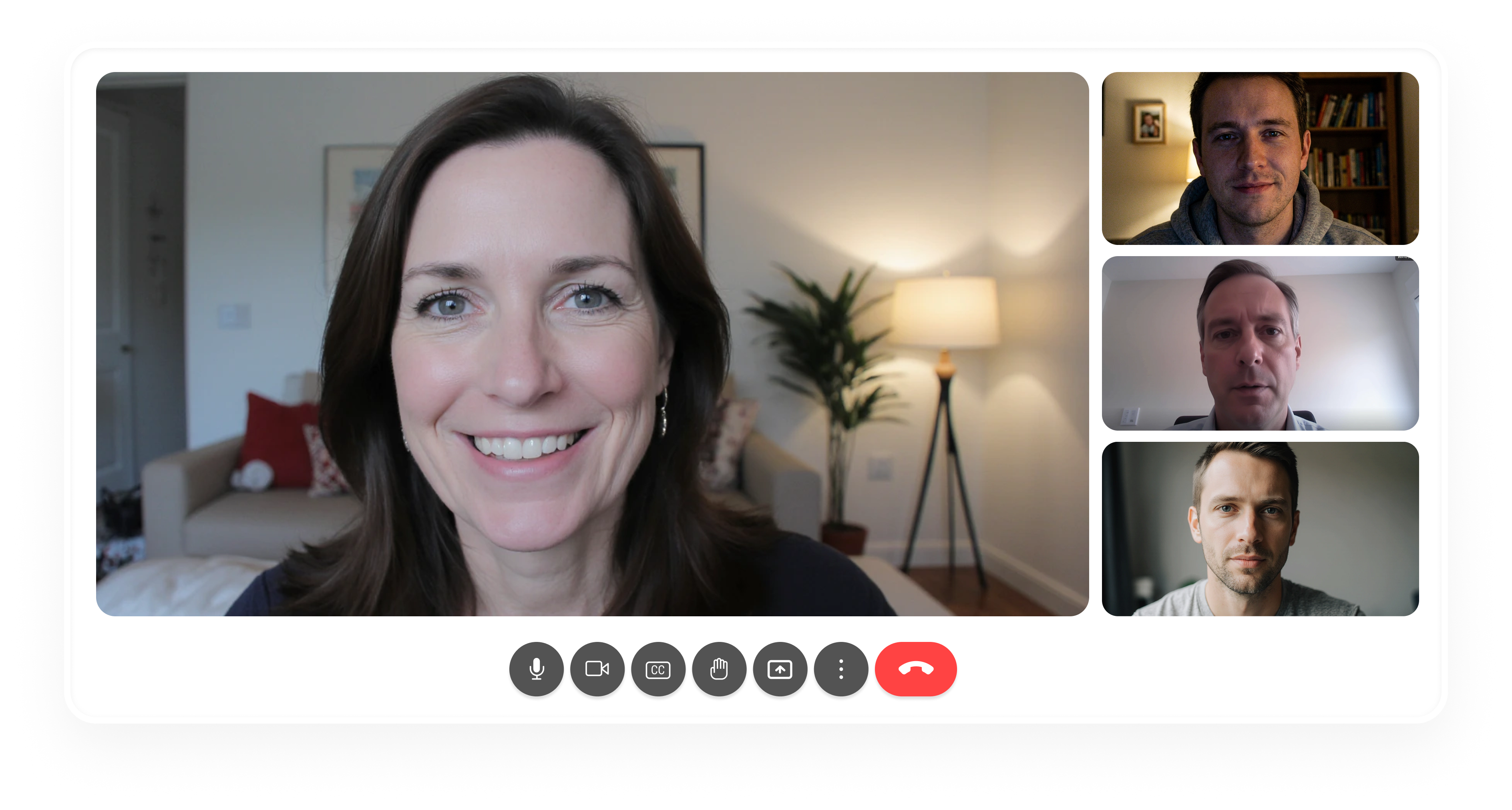 Video conference screen with one woman smiling and three men in smaller inset windows, with call control icons below.