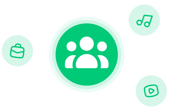 White group of people icon inside a green circle surrounded by smaller pale green circles with briefcase, music note, and play button icons.