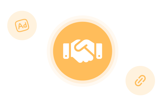 White handshake icon in the center of an orange circle with two smaller orange circles on either side.