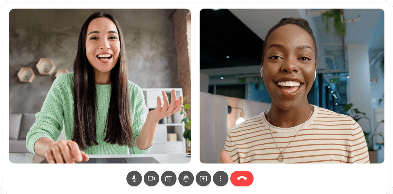 Two women smiling during a video call, with call control icons below their images.