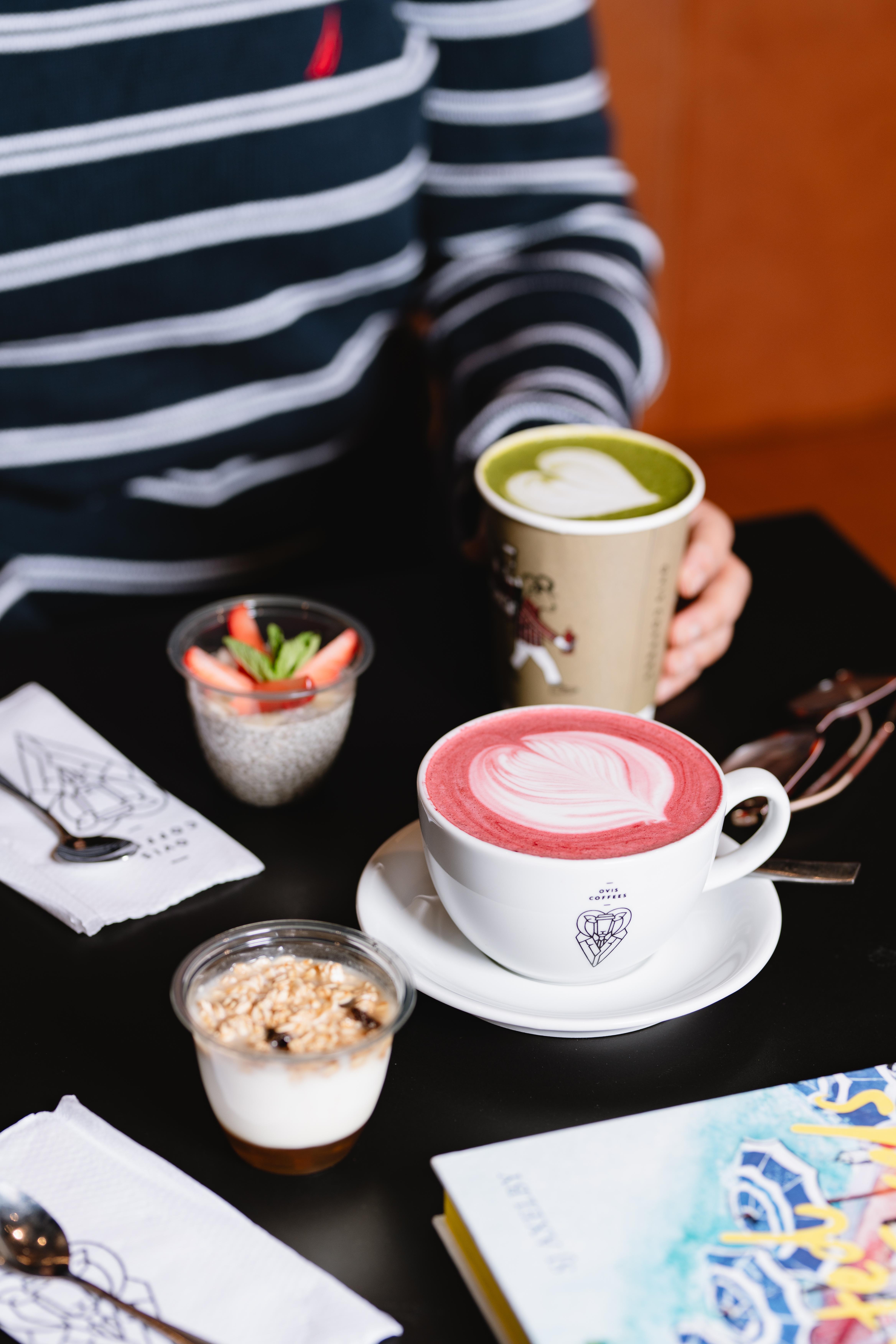 a table with drinks and food
