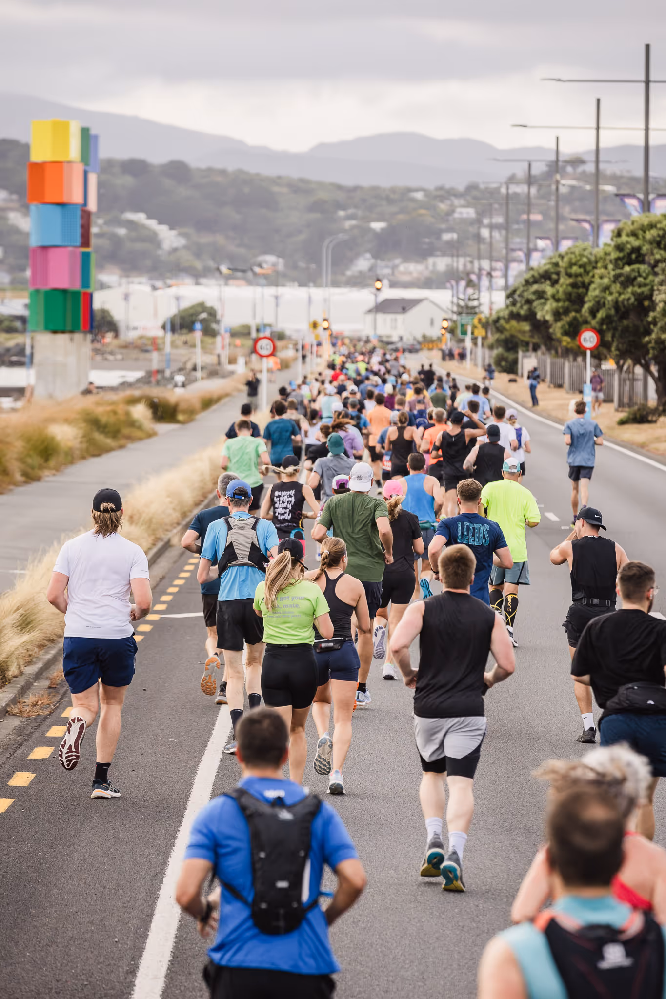 A large group of runners participating in a marathon or race on a paved road near the coastline. Many are wearing athletic gear, and some have backpacks or hydration packs. The background features coastal scenery with buildings, trees, and distant hills.