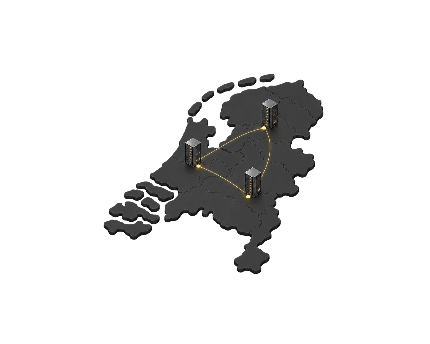Kaart van Nederland met drie verbonden Fundaments-datacenters, de basis van onze soevereine Private Cloud.