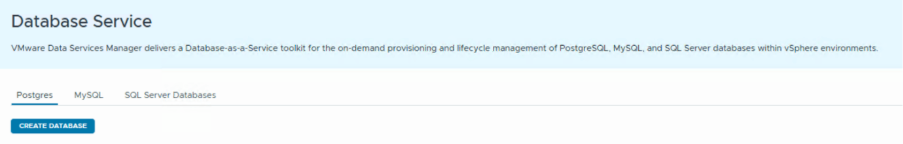 The image displays a screenshot of a Database Service Manager interface, offering tools for managing PostgreSQL, MySQL, and SQL Server databases in VMware environments.AI-generated content may be incorrect.