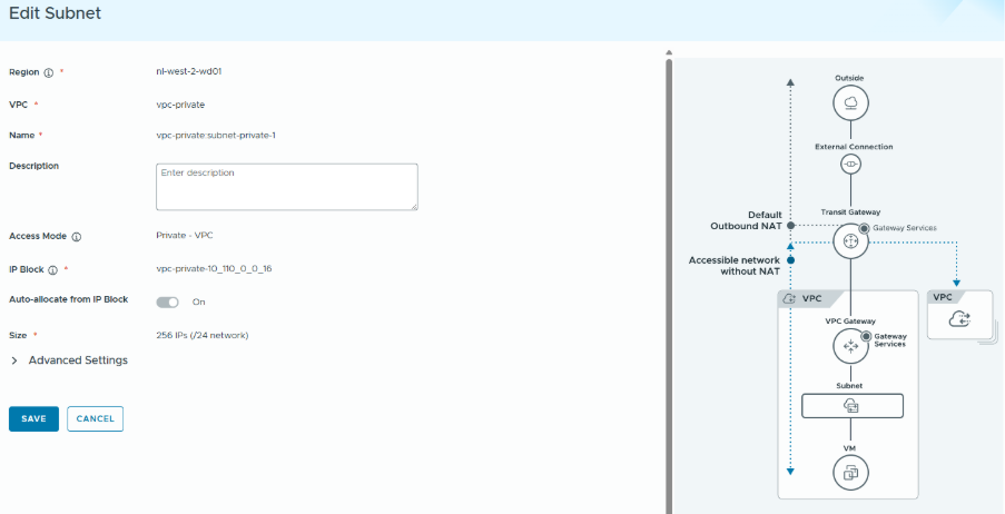 The image displays a user interface for setting up a subnet configuration in a Virtual Private Cloud (VPC), including options for IP block, network size, gateway services, and advanced settings.AI-generated content may be incorrect.