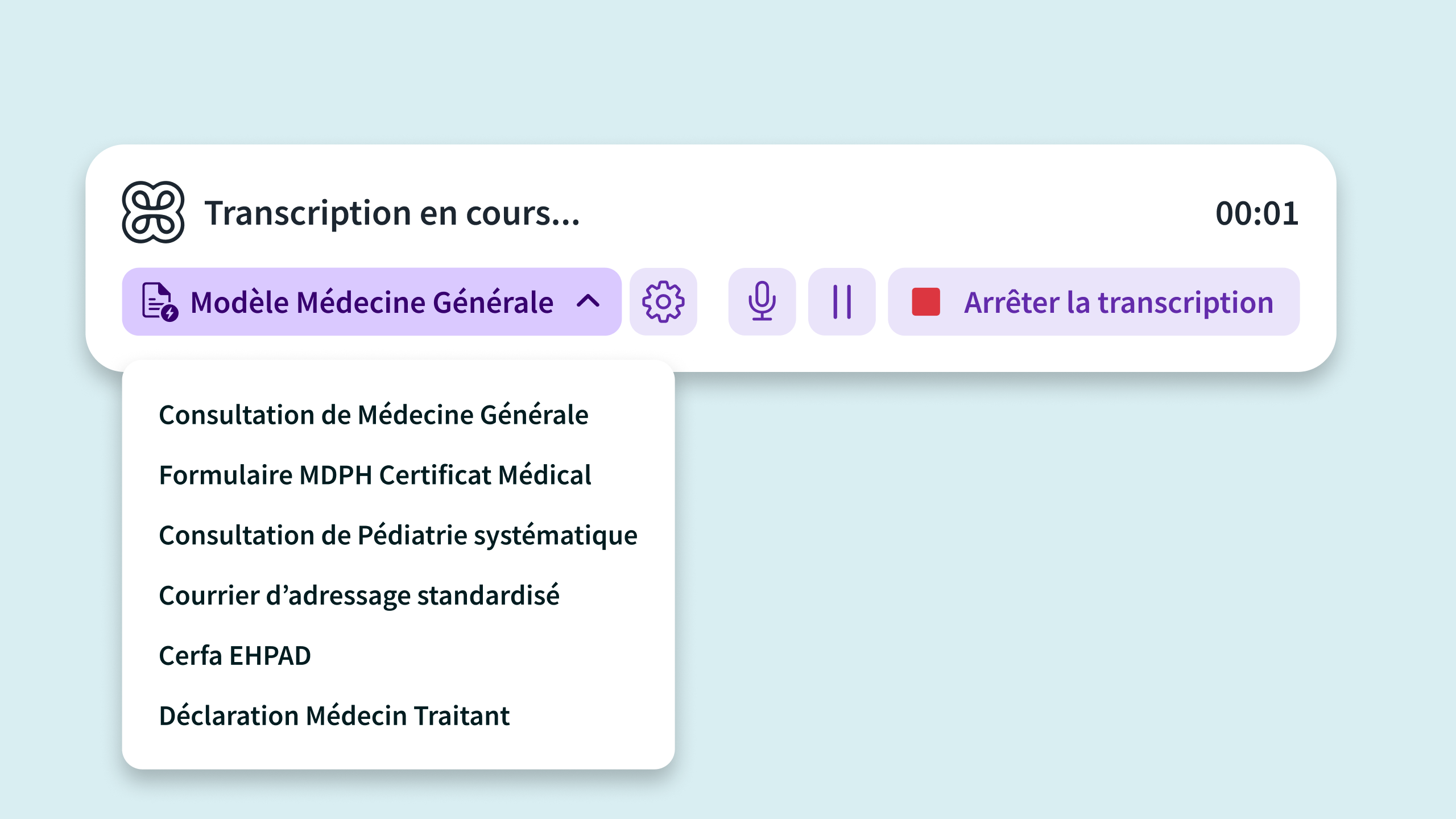 Choix du modèle de compte rendu dans Heidi