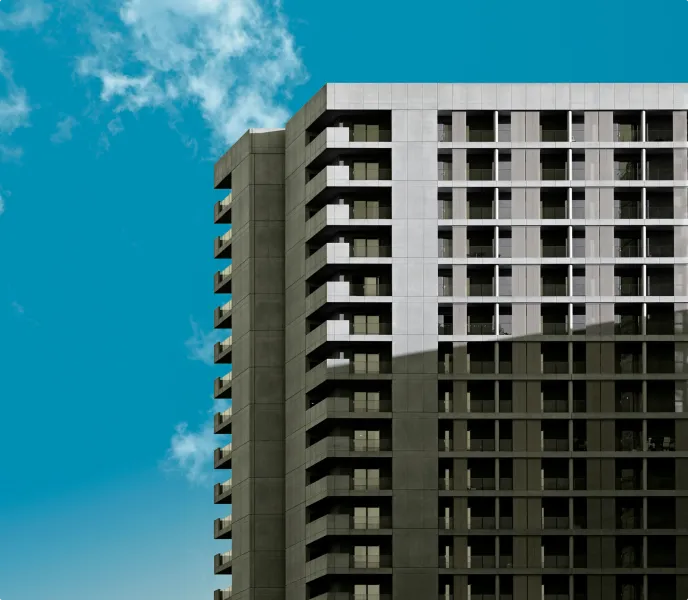 Dual tower view with blue clear sky in background