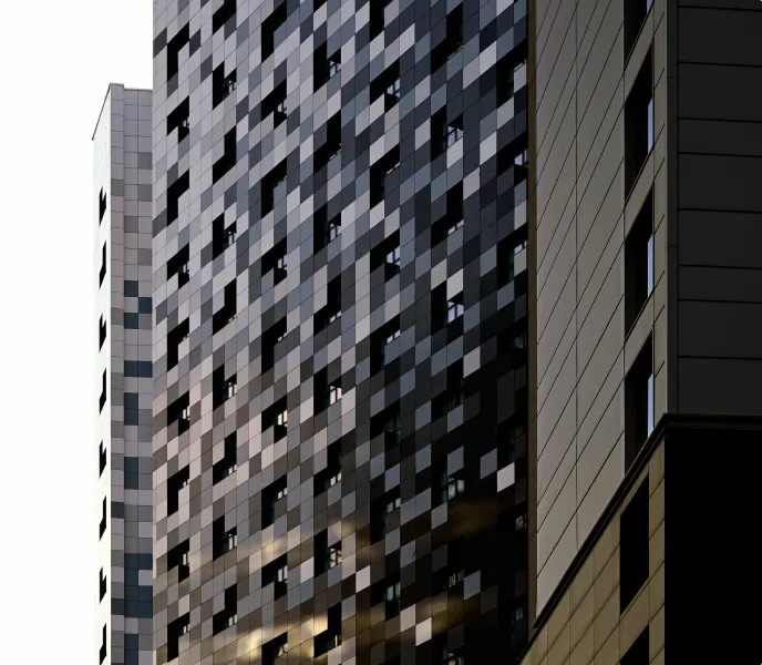 Skyline commercial building with unsymmetrical design