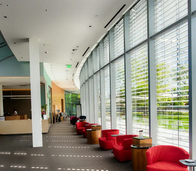 Reception view of hallway with glass windows