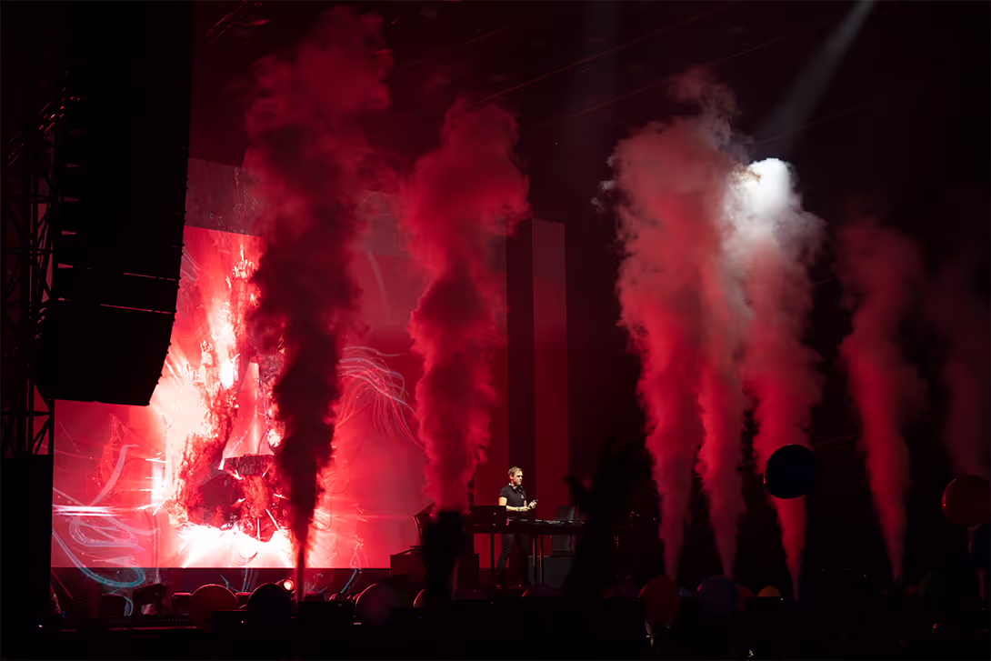 Red CO2 and flame effects beside the booth, Armin Van Buuren New Year Eve, Dubai, UAE