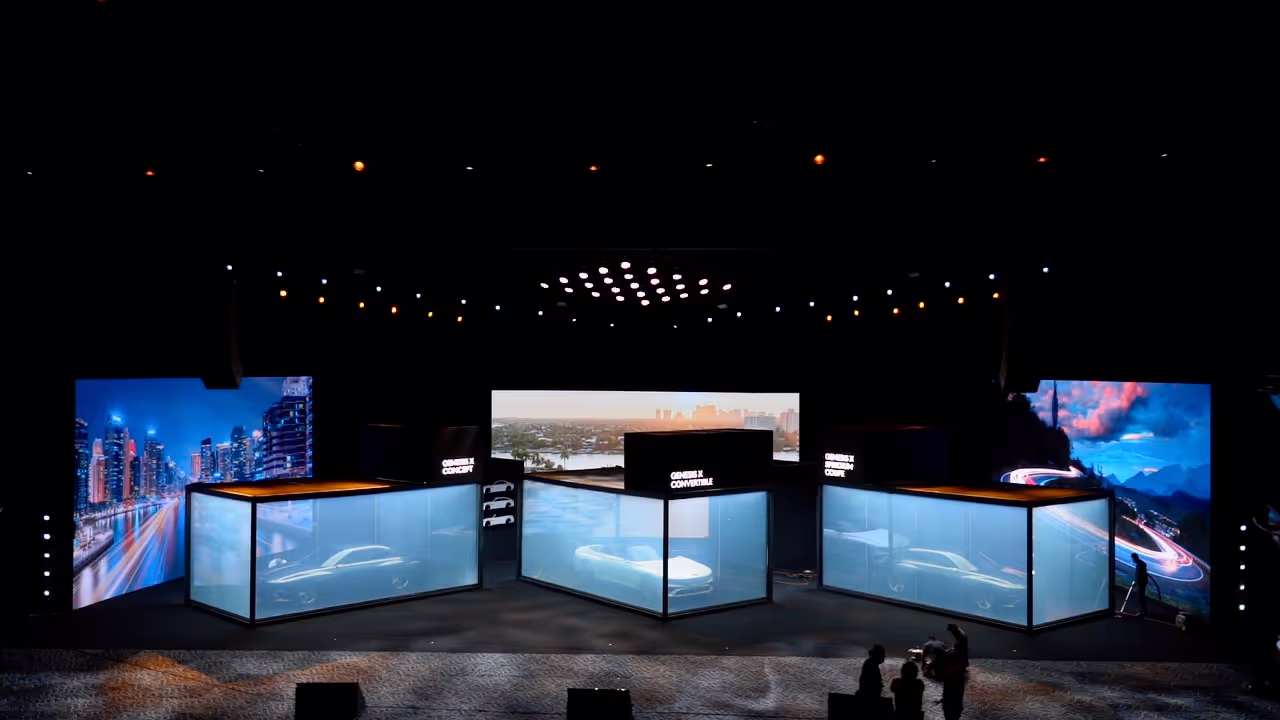 Reveal set with screens and stage before the laser and video show, Genesis X Car Reveal, Dubai Opera