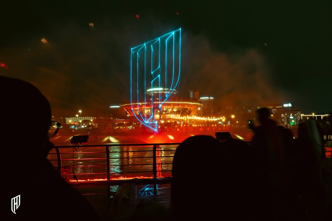 Club crest on the water screen over the bay, Al Qadsiah Festival 2025, Khobar, KSA