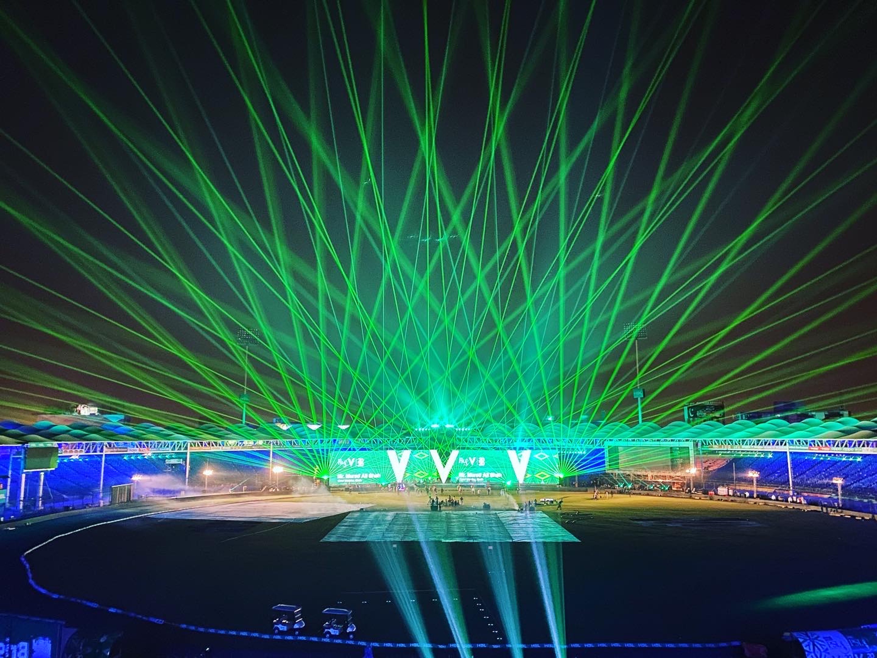 Green laser canopy over the stadium field, Pakistan Champions League Opening, Karachi, Pakistan