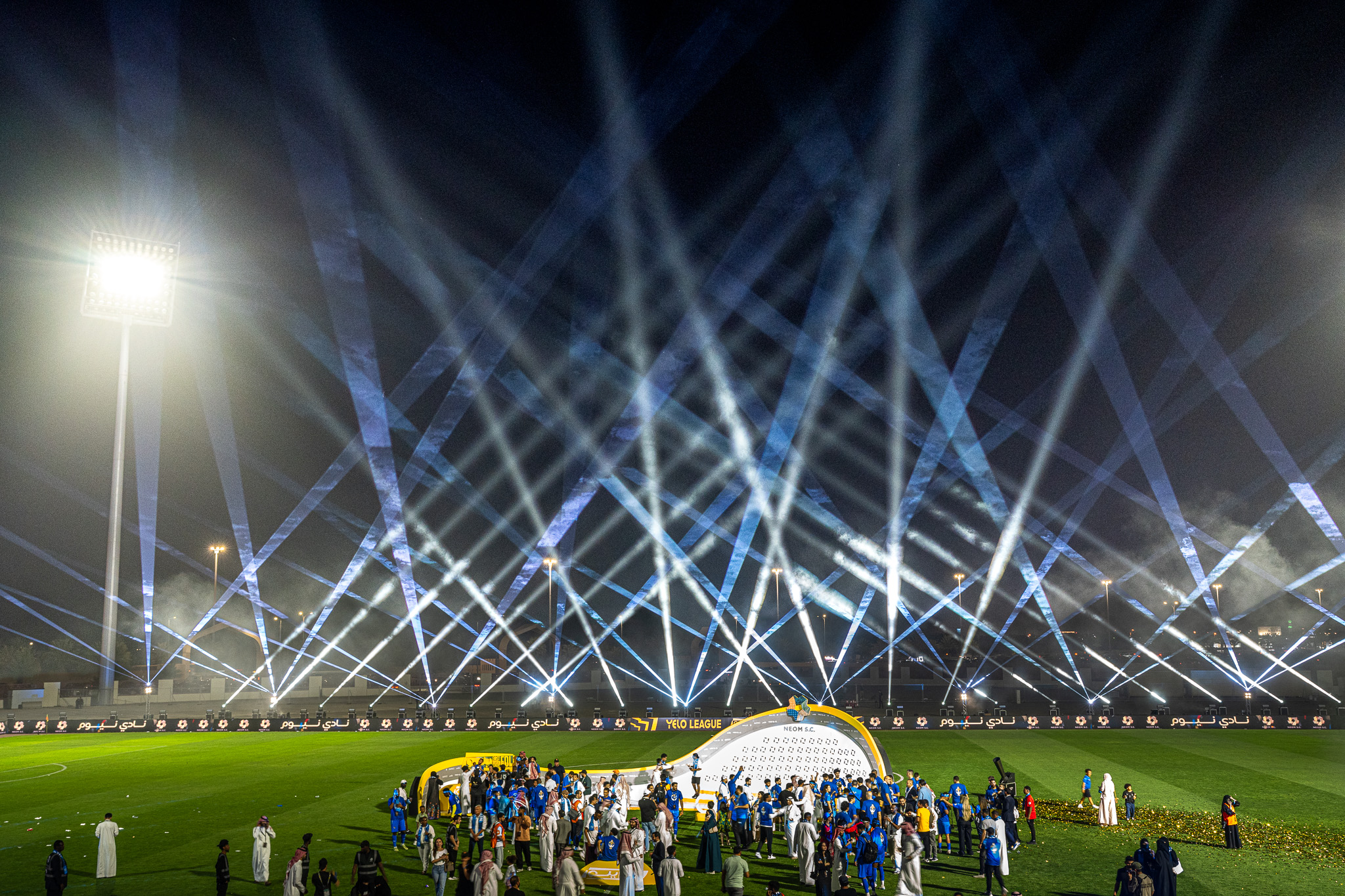 Laser beams over the stadium pitch during the ceremony, NEOM SC Cup Show, Tabuk, KSA