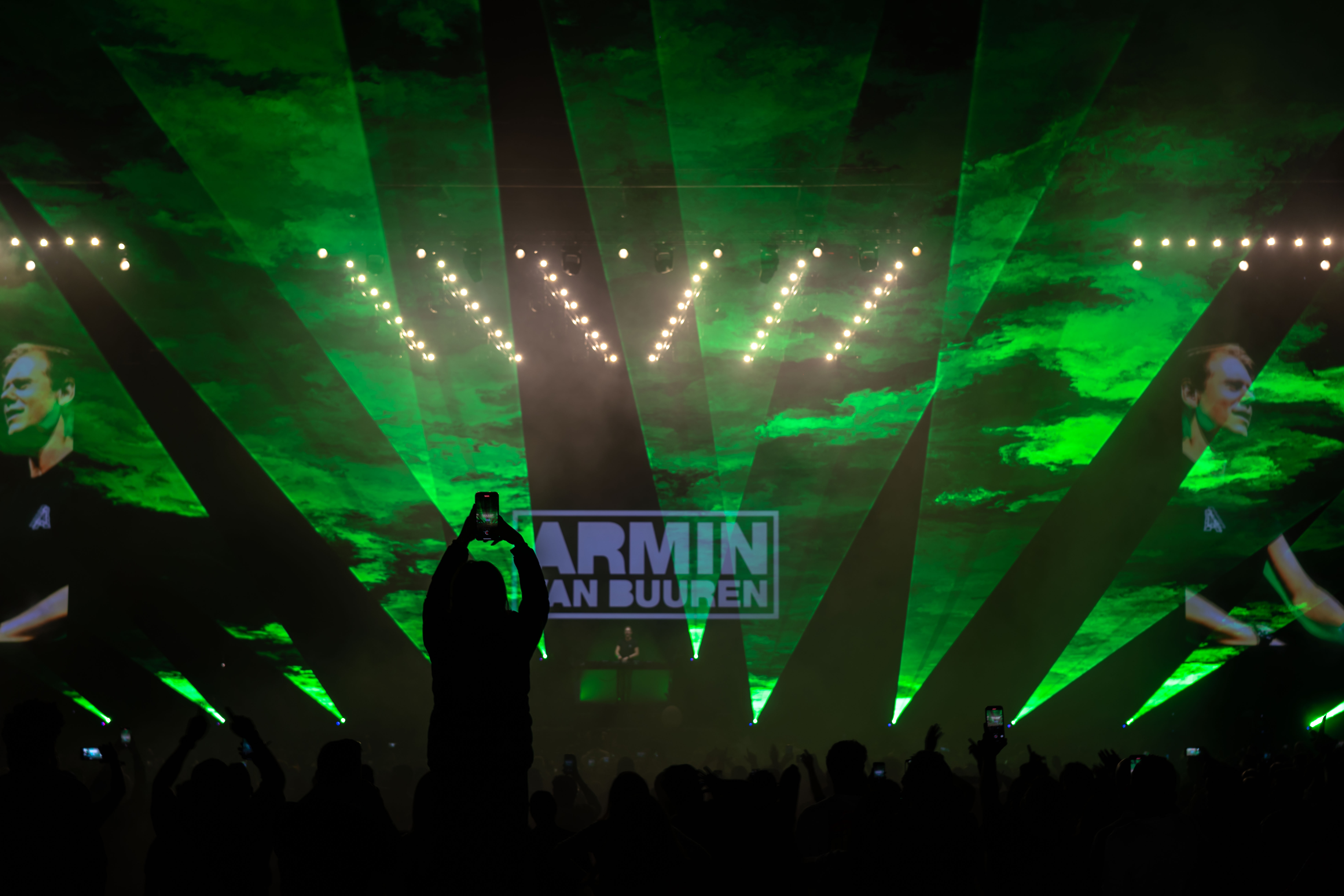 Green laser canopy over the New Year's Eve crowd, Armin Van Buuren New Year Eve, Dubai, UAE