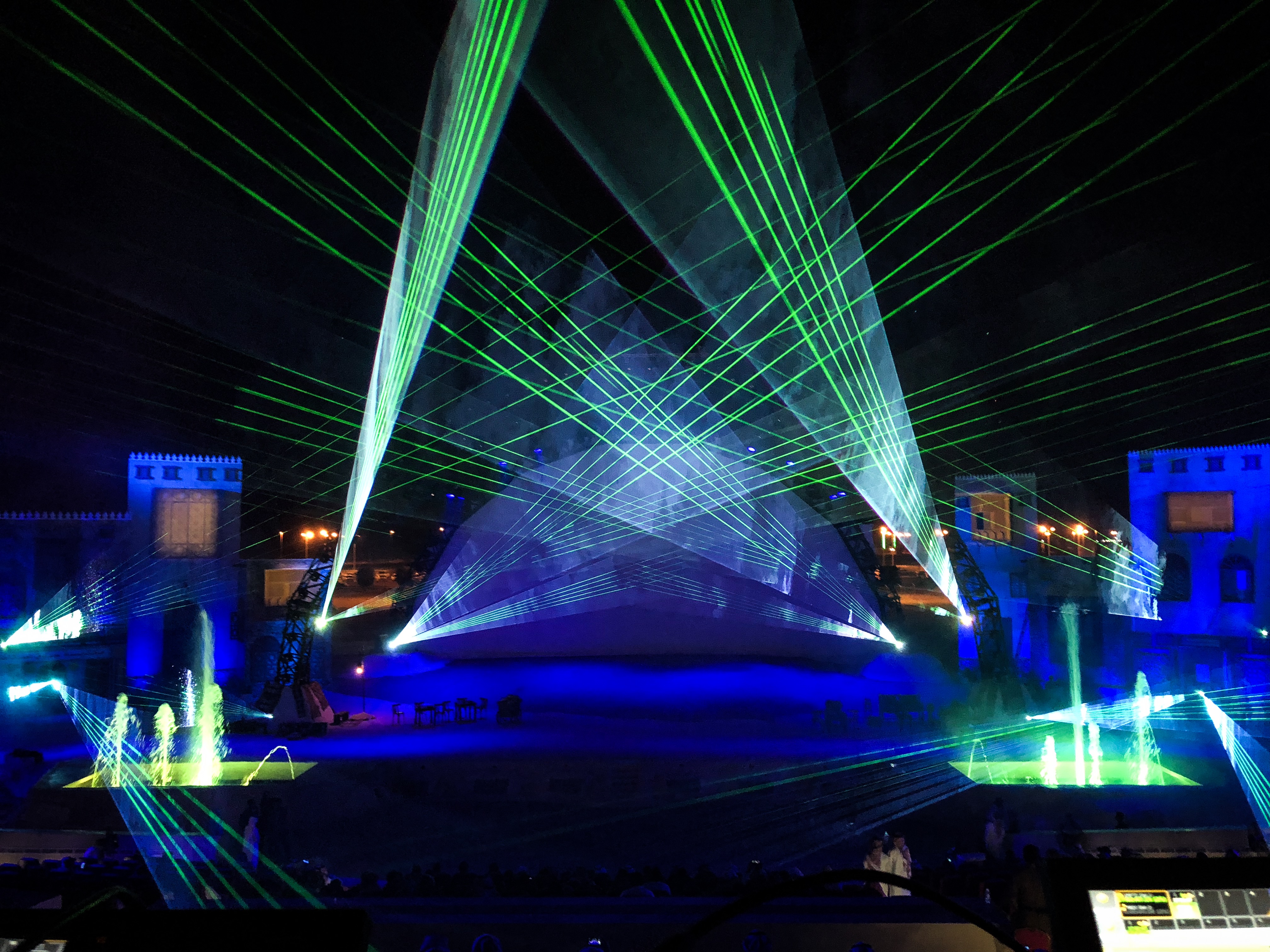 Green laser beams and fountains in the open-air arena, Souk Okaz Multimedia Show, Taif, KSA