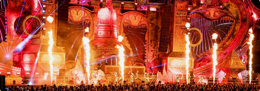 Flame and pyro effects on a multimedia show stage