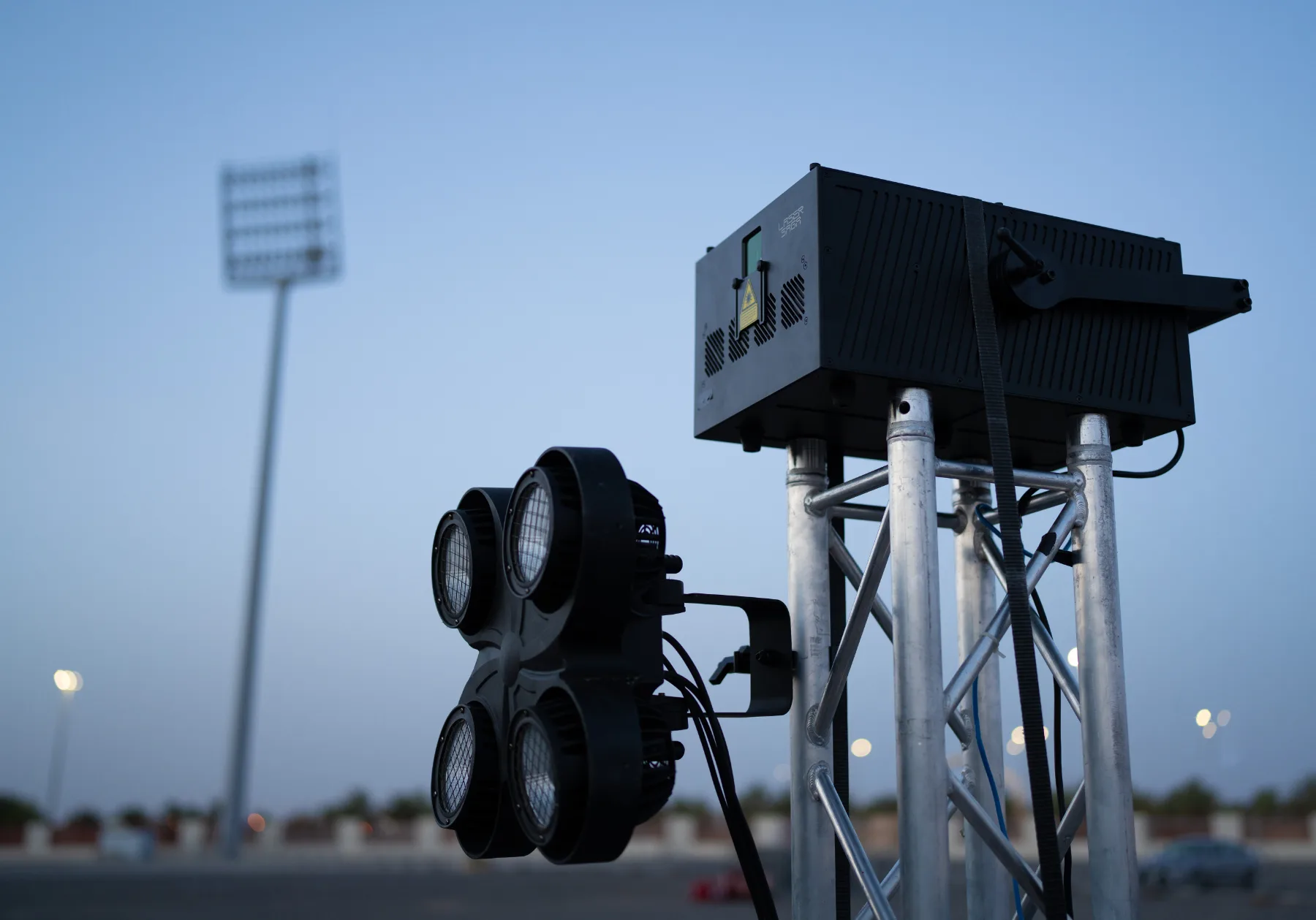 Laser projectors rigged on truss at the stadium, NEOM SC Cup Show, Tabuk, KSA