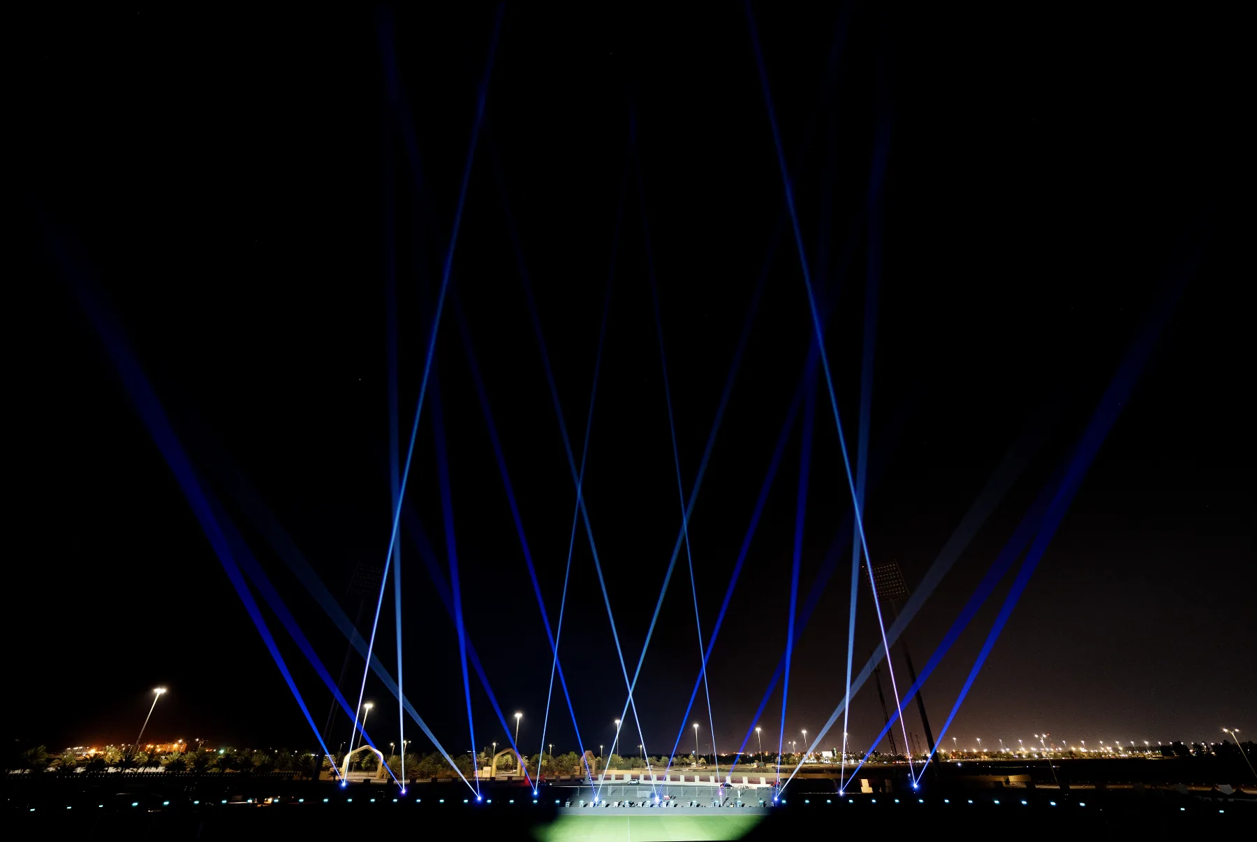 Blue sky beams rising from the stadium, NEOM SC Cup Show, Tabuk, KSA