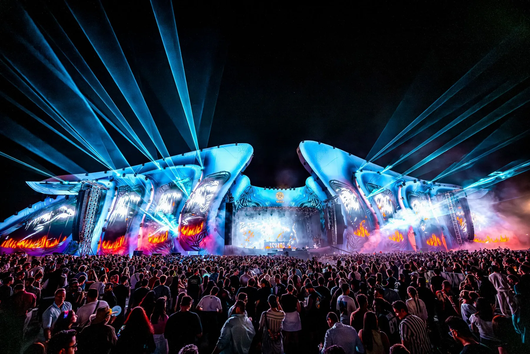 Laser beams over the festival main stage and crowd, UNTOLD Festival Dubai