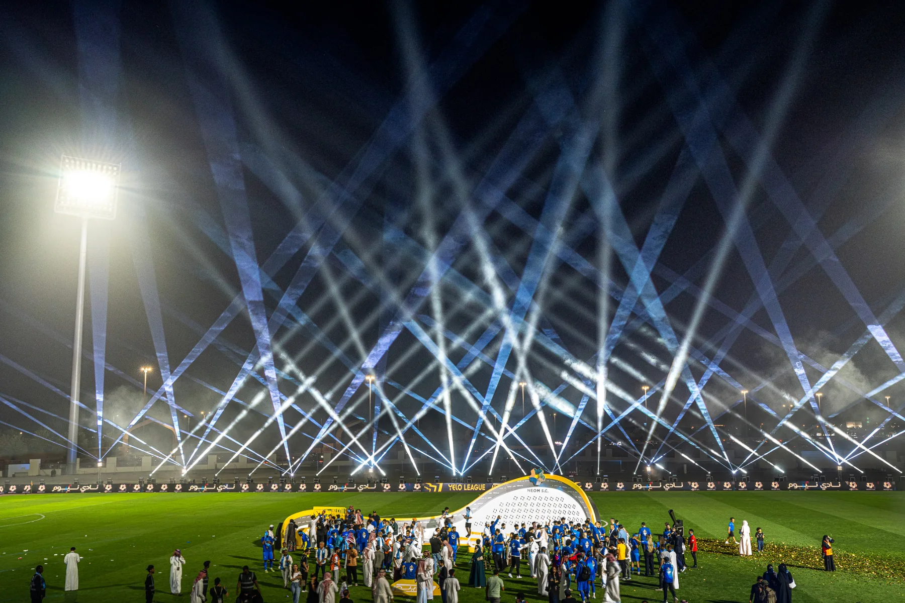 Laser beams over the stadium pitch during the ceremony, NEOM SC Cup Show, Tabuk, KSA