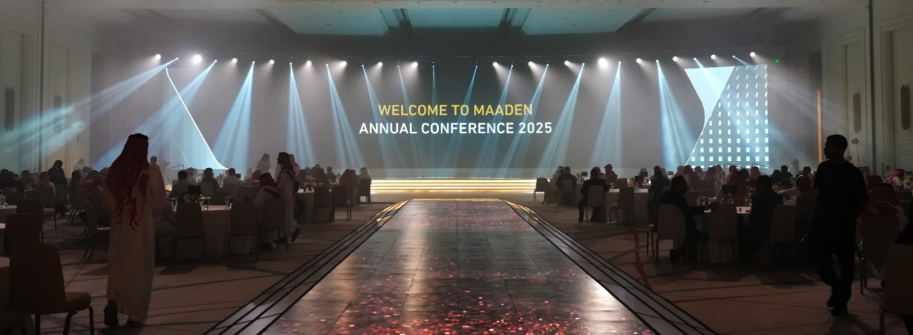 Projection-mapped runway and welcome screen in the ballroom, MAADEN Multimedia Show, Riyadh, KSA