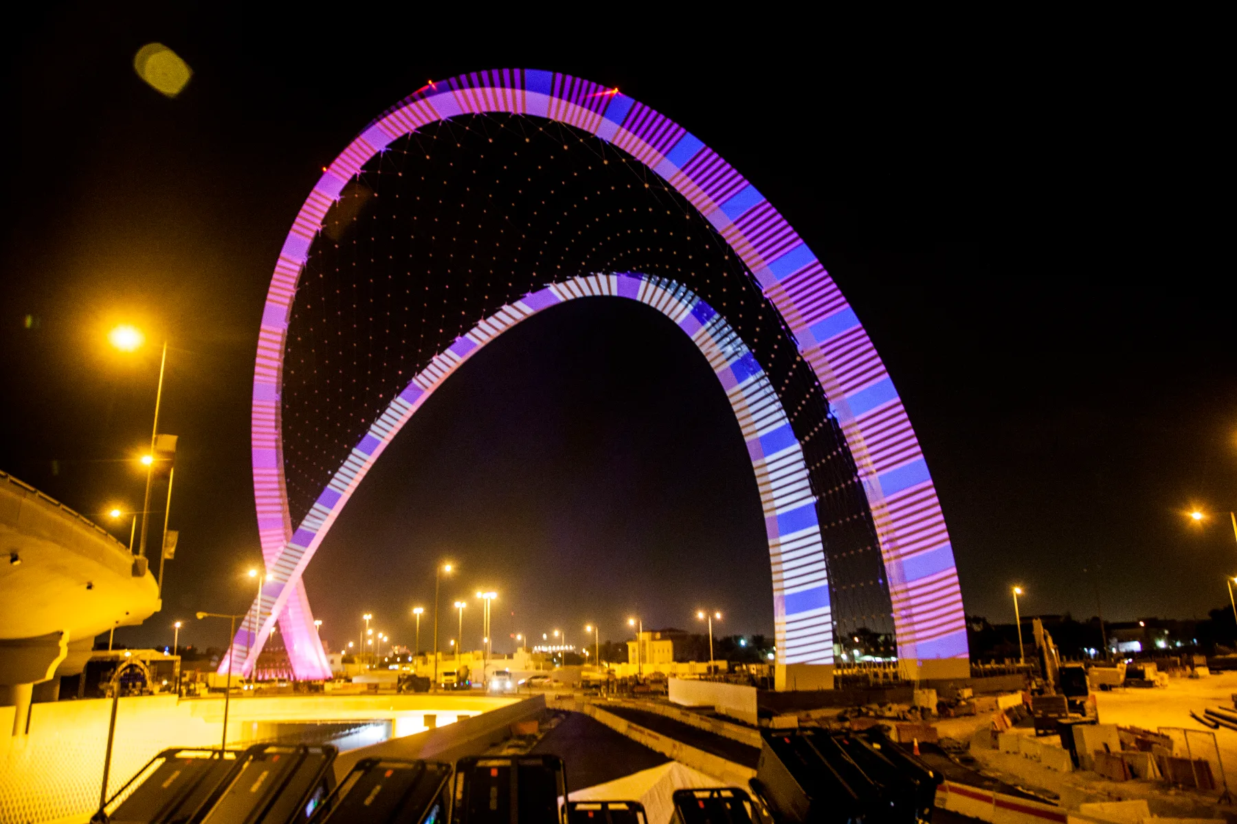 Projection mapping on the twin road arches at night, Qatar