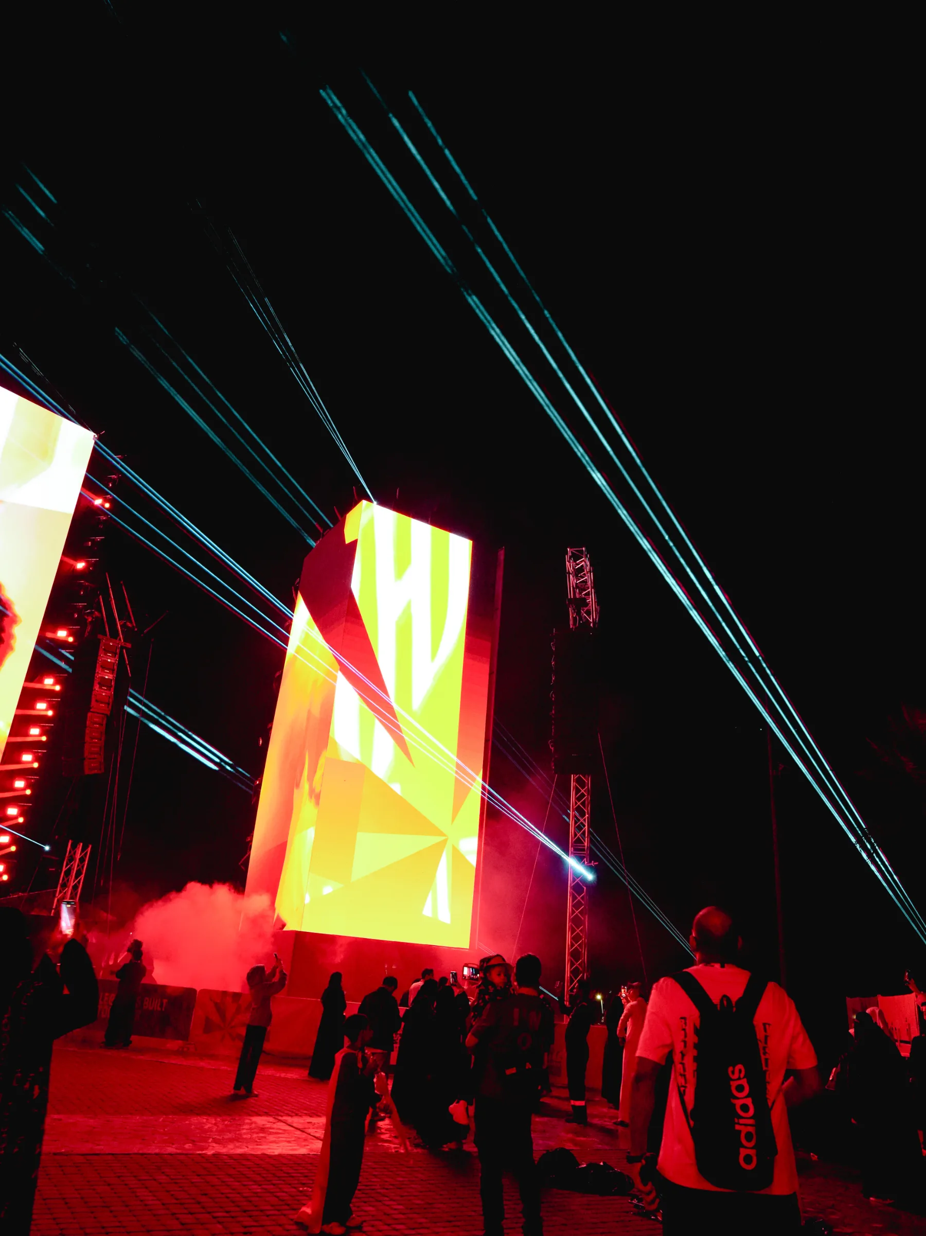 Laser beams around the LED tower, Al Qadsiah Festival 2025, Khobar