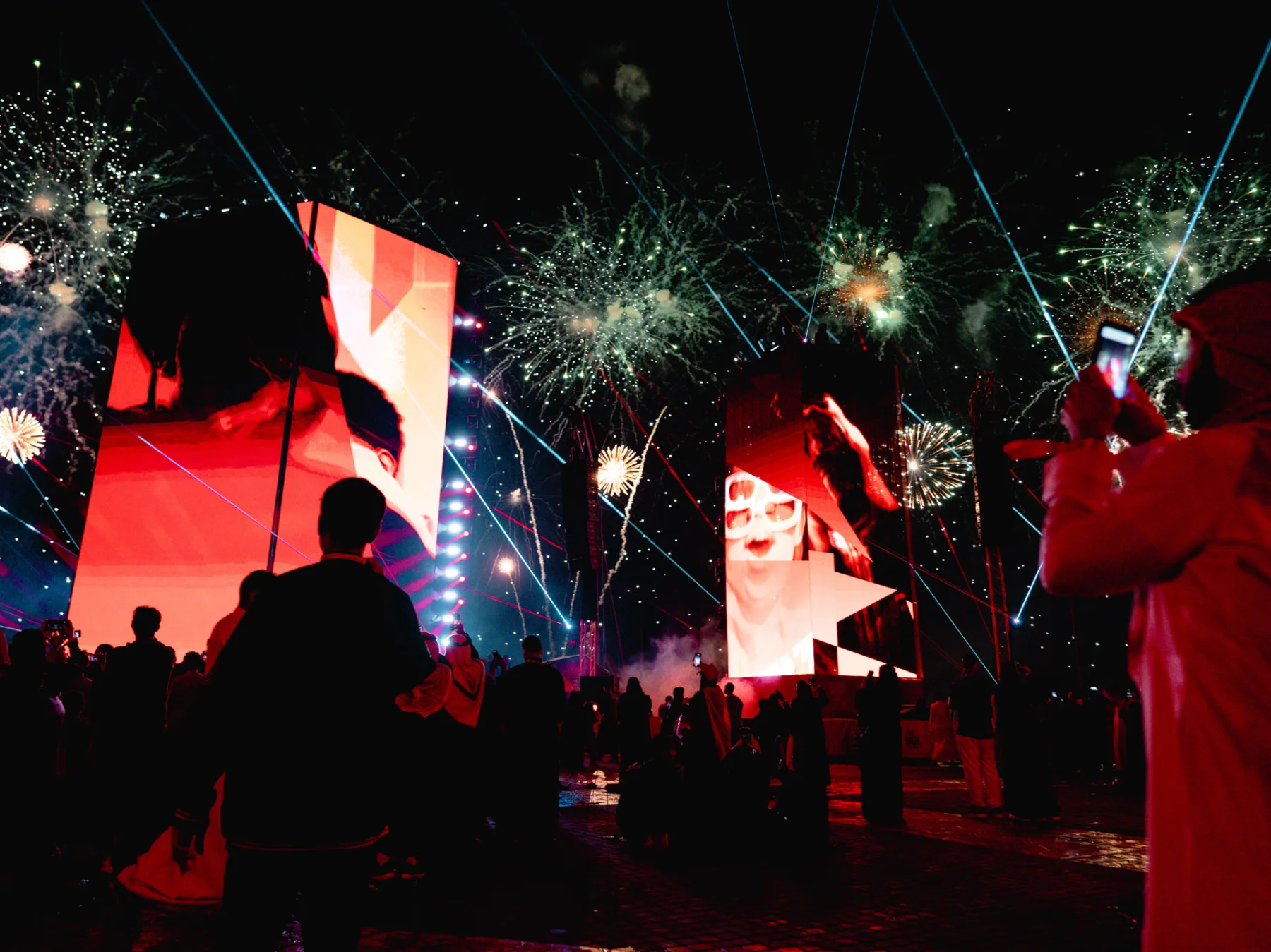 LED towers behind the festival crowd, Al Qadsiah Festival 2025, Khobar