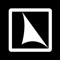 White geometric shape resembling a curved triangle within a white square on a black background.