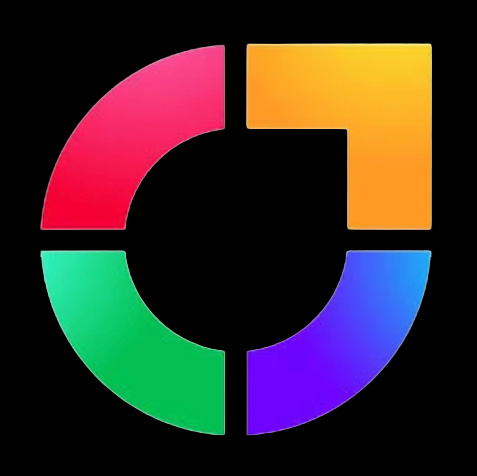 Four curved, multicolored segments forming a circular shape on black background.