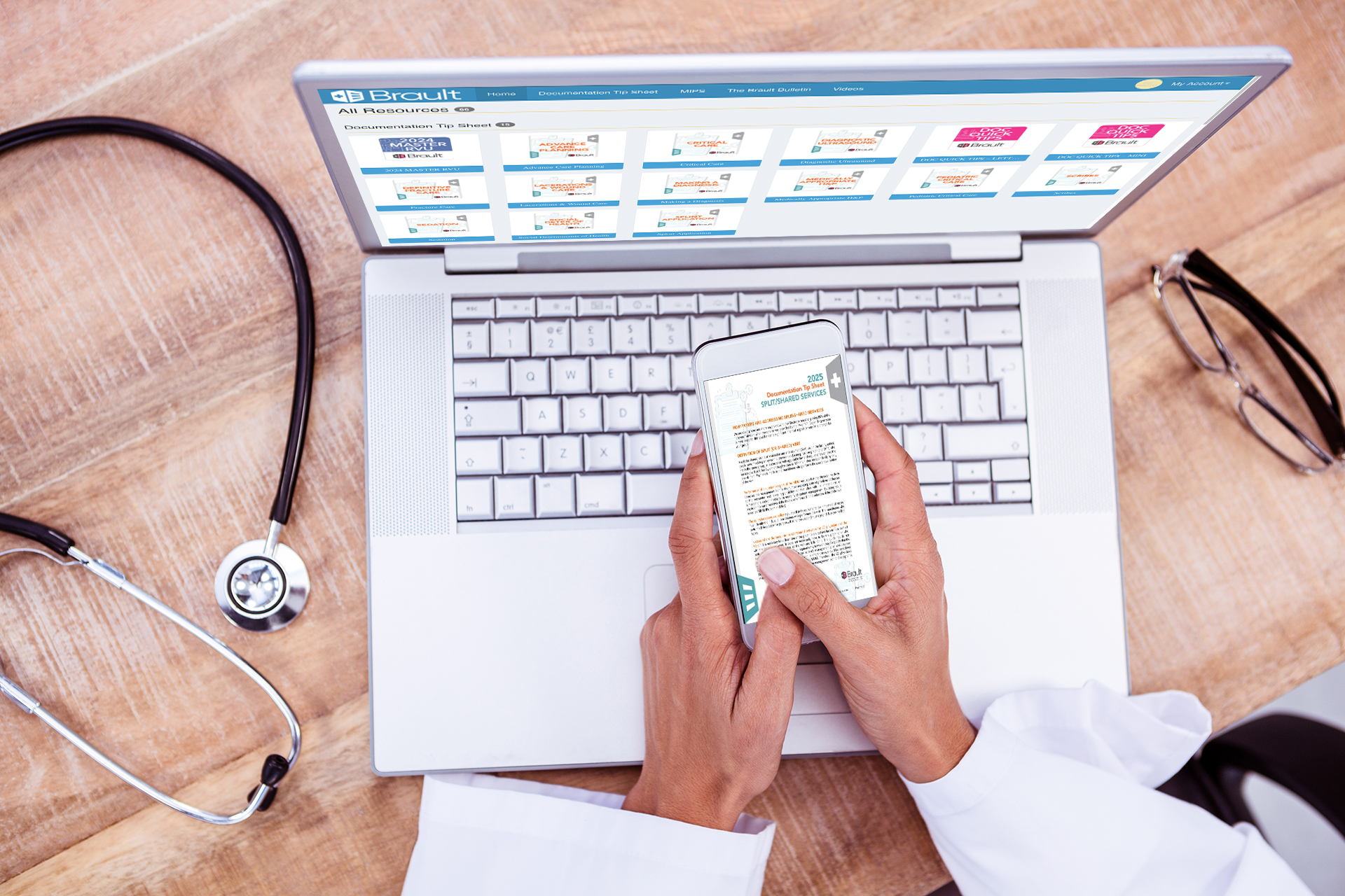 A woman is holding an iphone and looking at medical documentation training procedures.