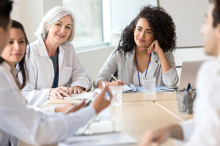 Group of physicians meeting with a consultant businesswoman.