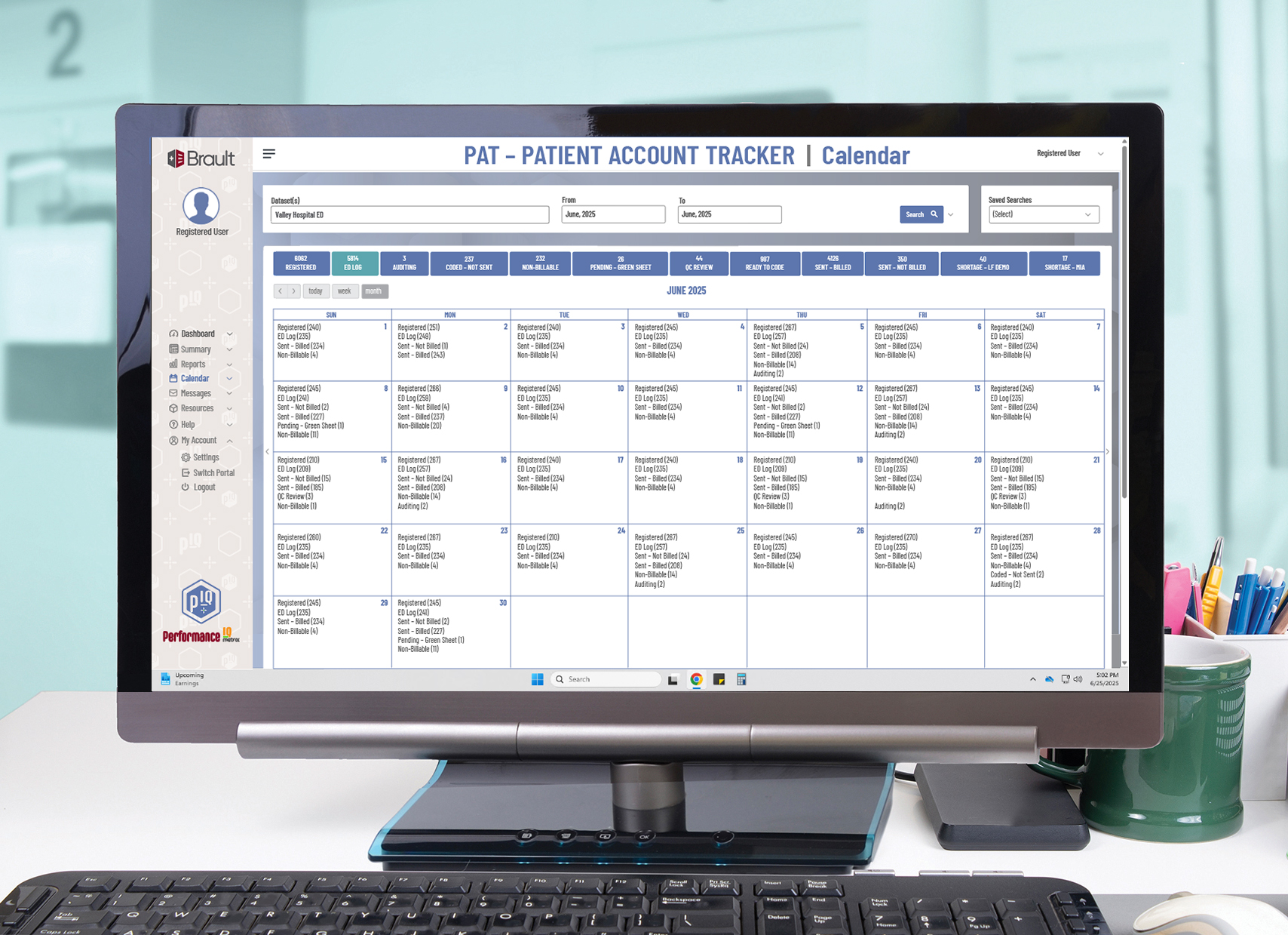 Patient Account Tracker screen is active on desktop screen.