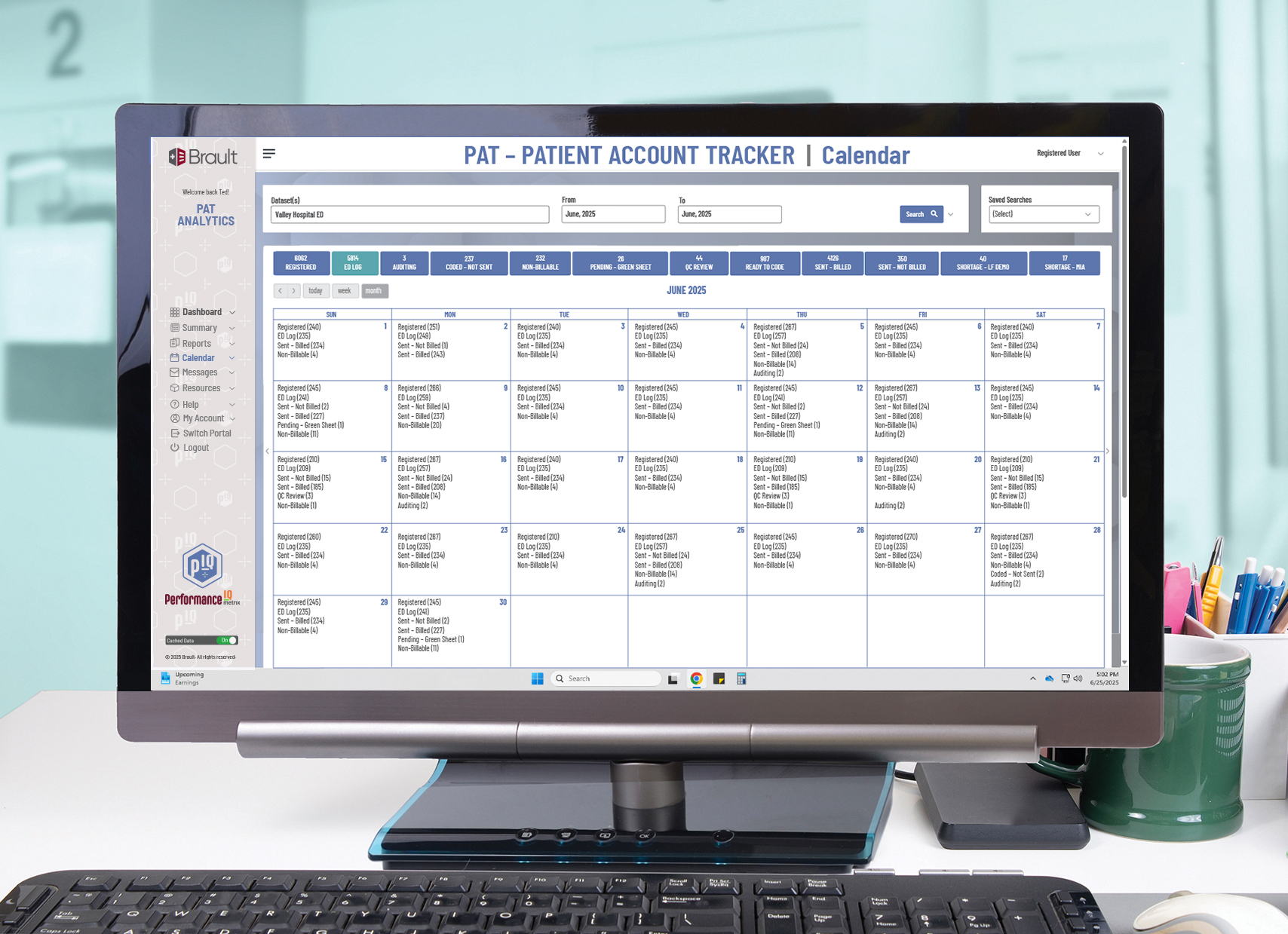 Patient Account Tracker screen is active on desktop screen.