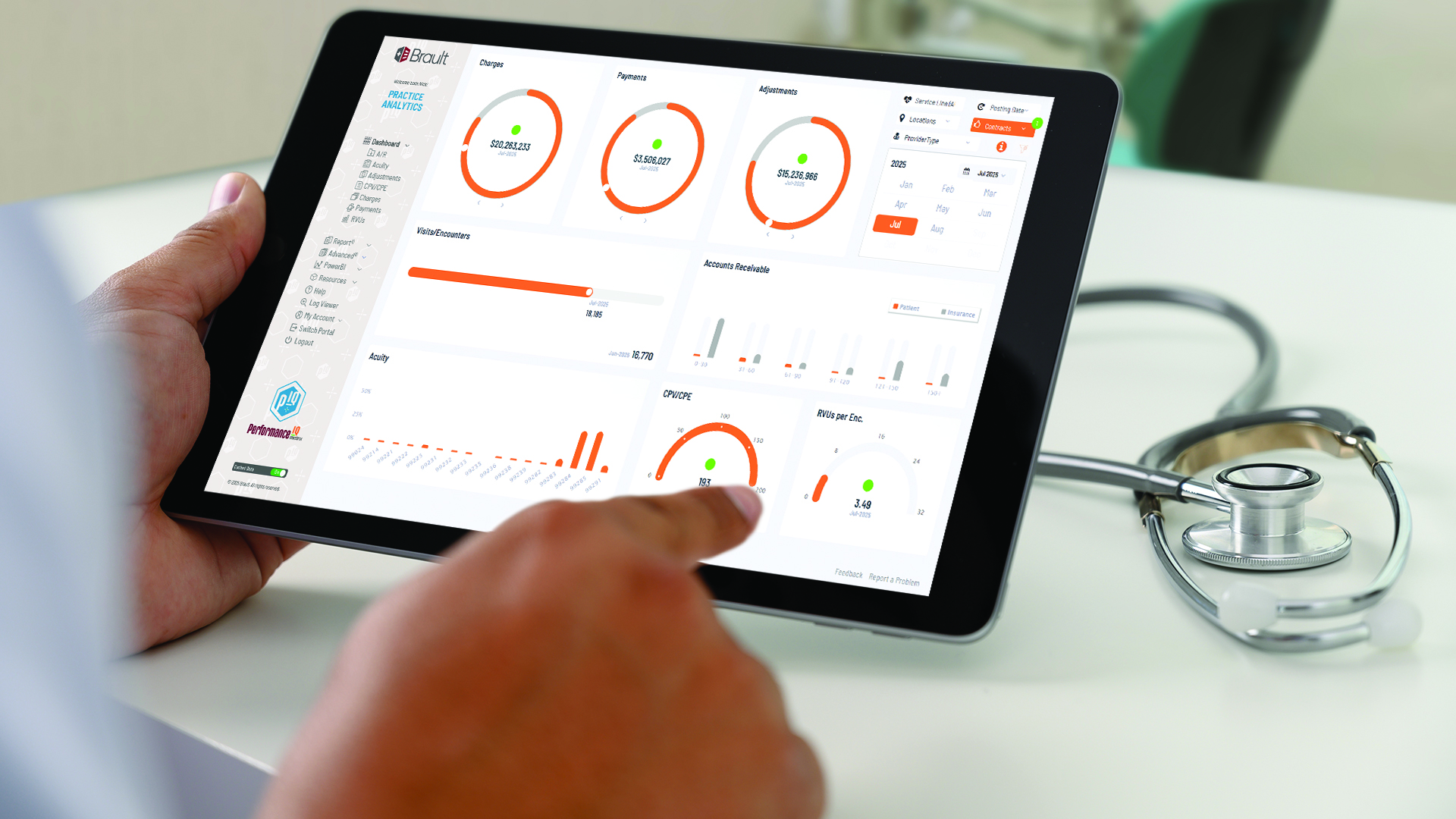 Male physician is accessing provider portal statistics on his mobile tablet.