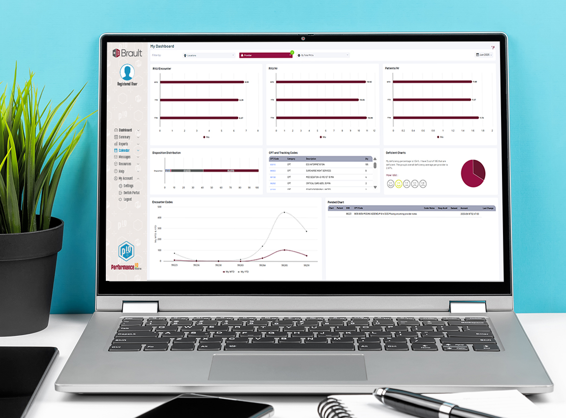 Pictured is a provider portal showing practice analytics on a laptop.