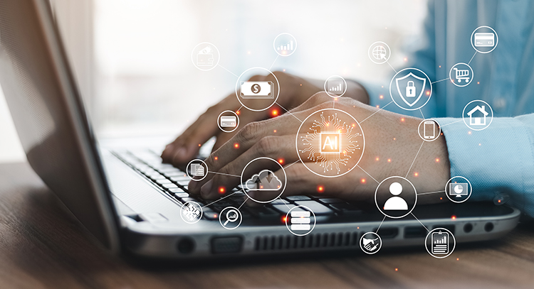 Composited image of hands typing on a laptop with various iconography.