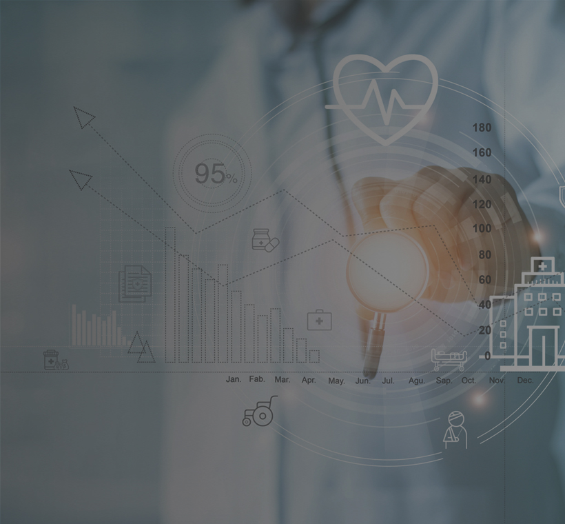 A collage image of a physician holding a stethoscope with charts and graph iconography.
