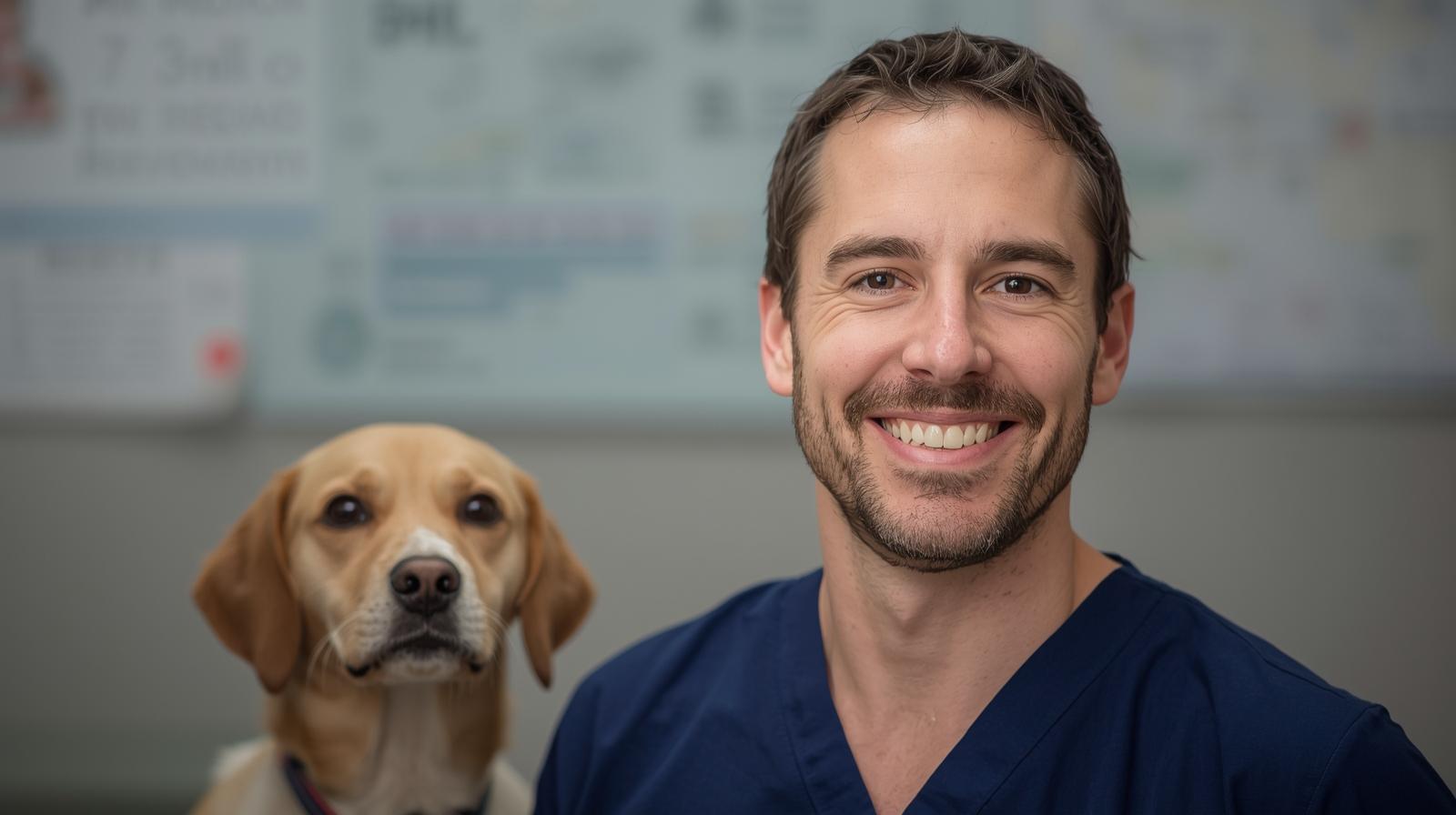 Un homme souriant en blouse bleue avec un chien Labrador assis à côté de lui.