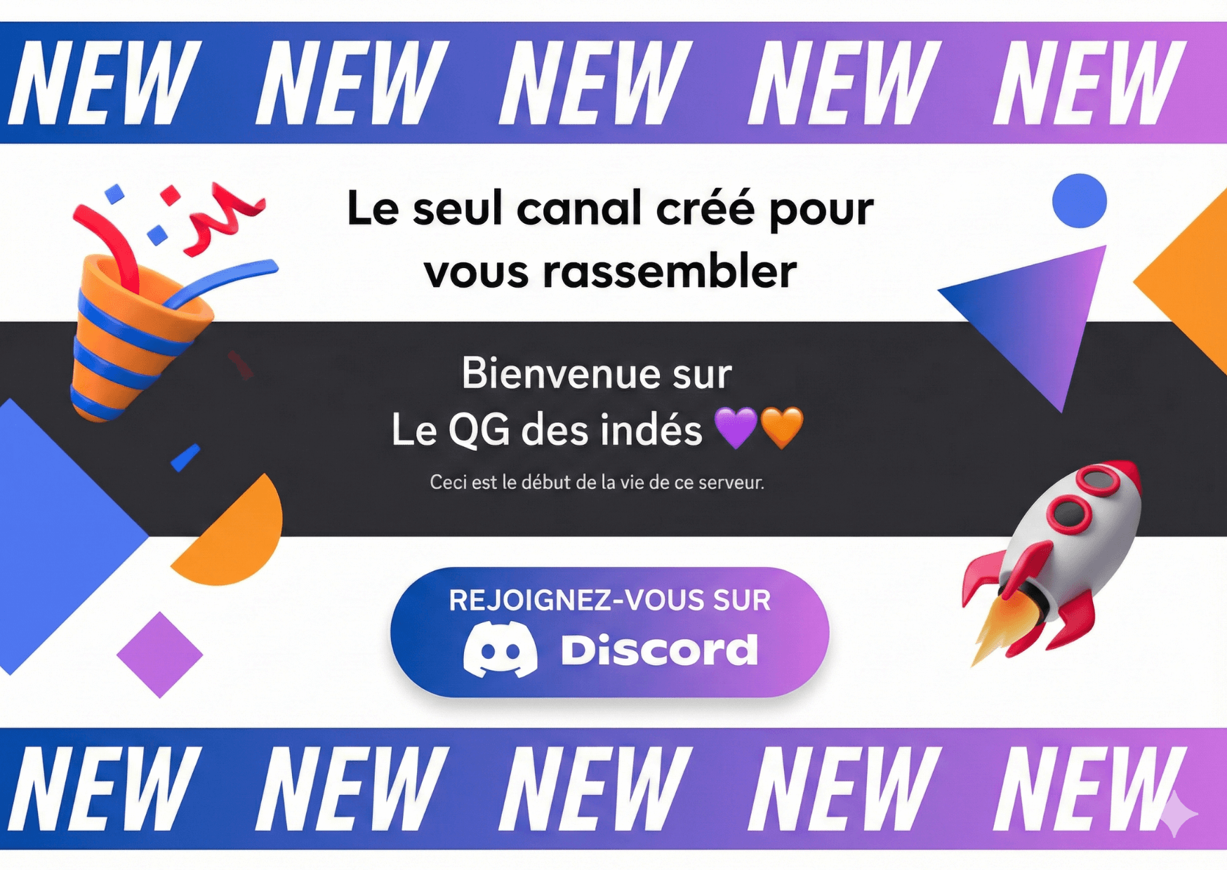 Bannière d'invitation Discord pour Le QG des indés avec texte de bienvenue et bouton Rejoignez-vous sur Discord, entourée d'icônes colorées festives et d'une fusée.