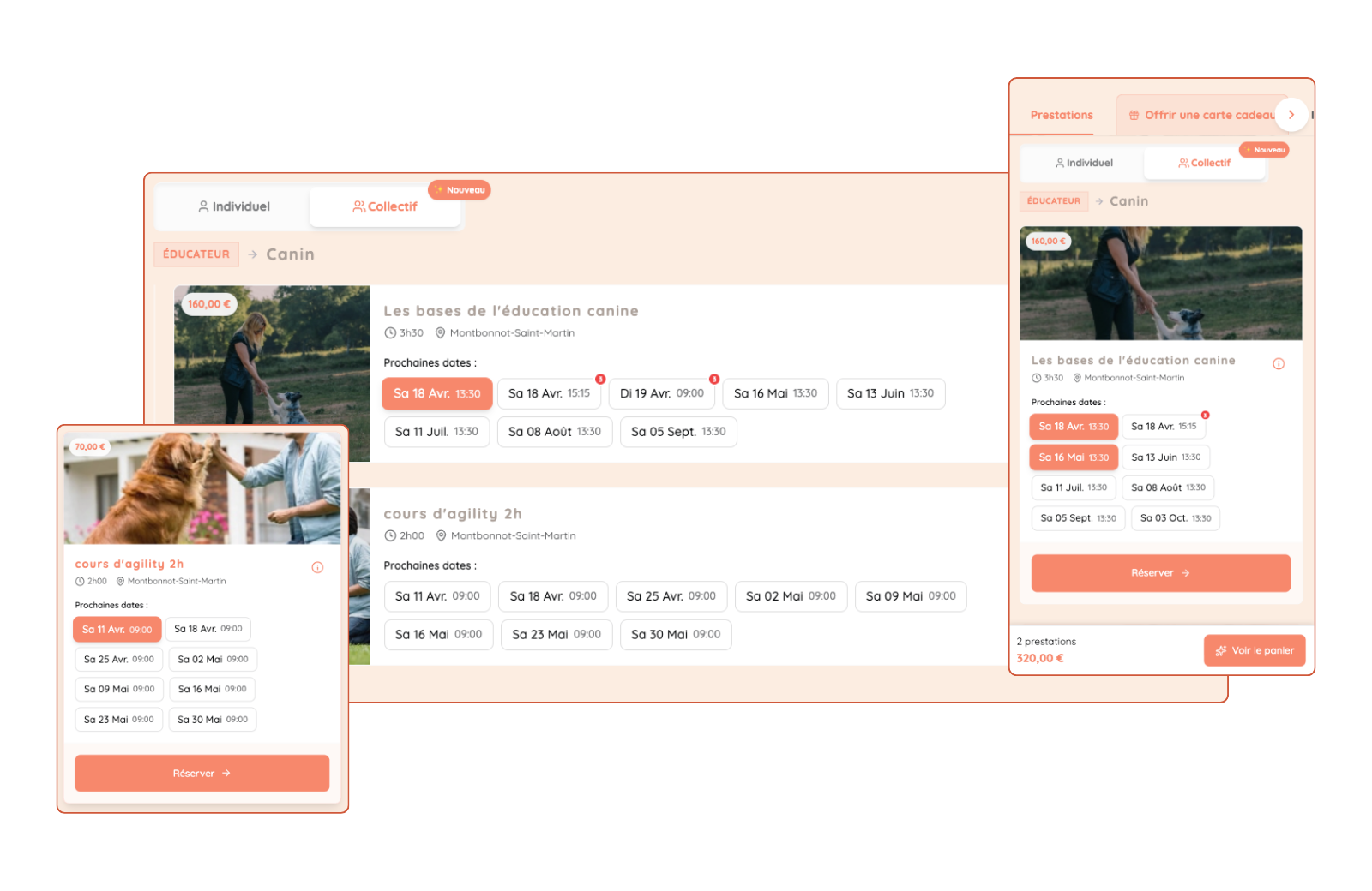 Interface de réservation de cours d'éducation canine et d'agilité avec dates, heures, lieu Montbonnot-Saint-Martin et prix en euros.