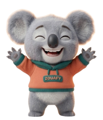 Koala animé souriant avec les bras levés portant un pull orange avec étiquette ZOUAFY.