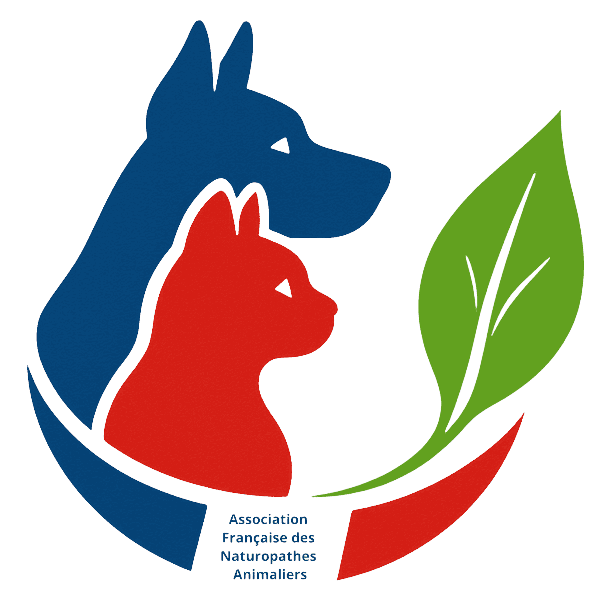 Silhouettes stylisées d'un chien bleu et d'un chat rouge avec une feuille verte, logo de l'Association Française des Naturopathes Animaliers.