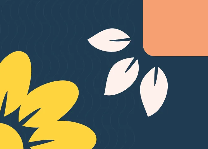 Illustration abstraite avec une grande forme jaune ressemblant à une fleur en bas à gauche, trois feuilles blanches au centre à droite, et un rectangle orange en haut à droite, sur un fond bleu foncé.