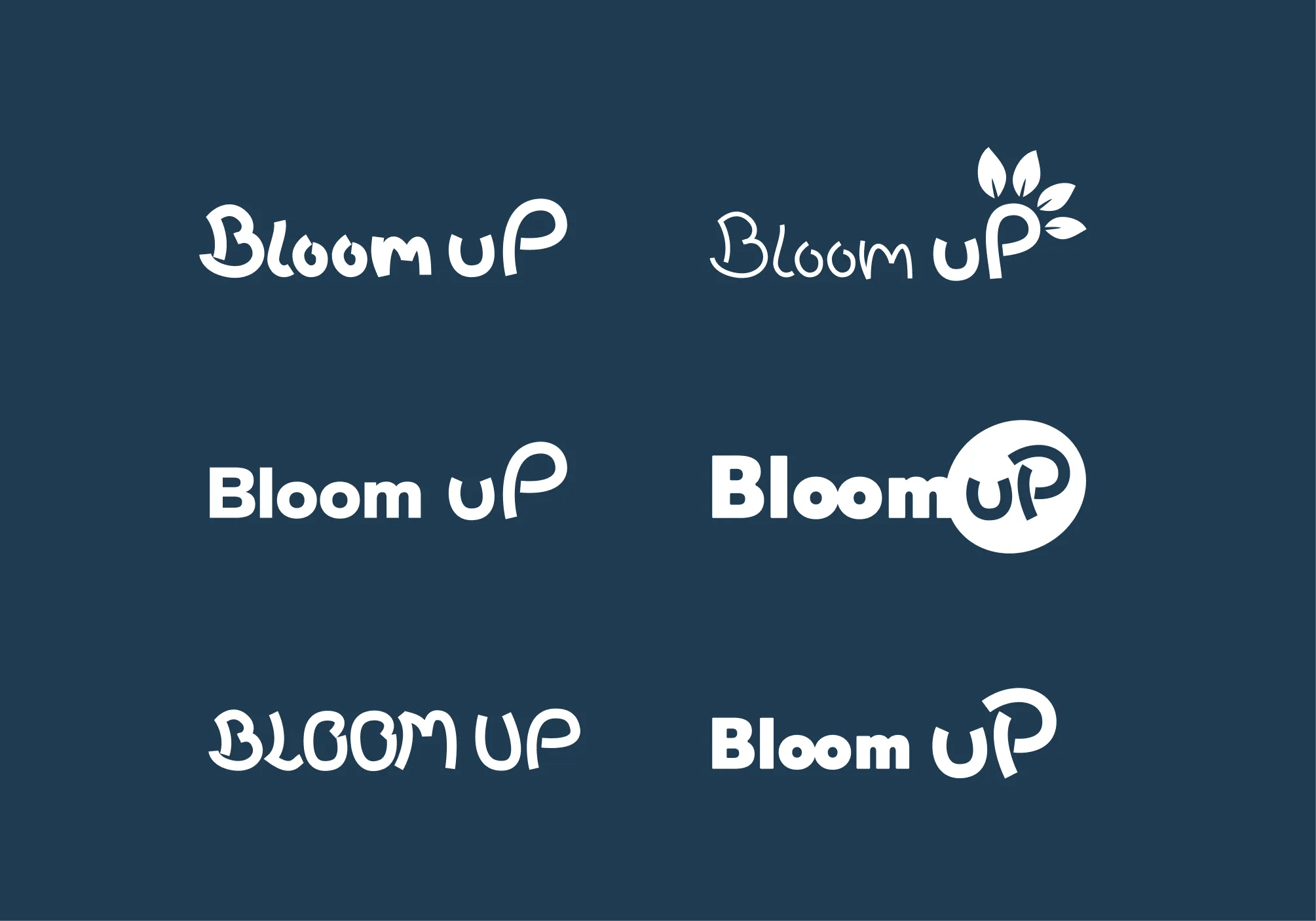 Six variations of the text 'Bloom UP' logo on a dark blue background in different fonts and styles, including bold, playful, and decorative, with one version featuring leaves sprouting from the letter P.