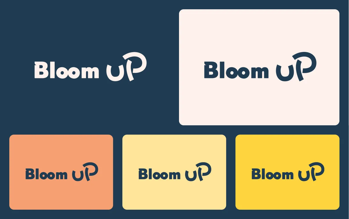 Cinq variantes du logo «Bloom UP» avec la police en gras et un 'UP' stylisé, sur différents fonds colorés : bleu marine, blanc cassé, orange, crÚme et jaune.