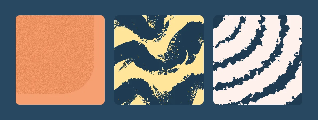 Trois carrés avec coins arrondis sur fond bleu foncé : le premier montre une texture granuleuse en nuances d'orange, le deuxiÚme présente un motif abstrait ondulé jaune et bleu marine, le troisiÚme affiche des lignes circulaires bleues sur fond crÚme.