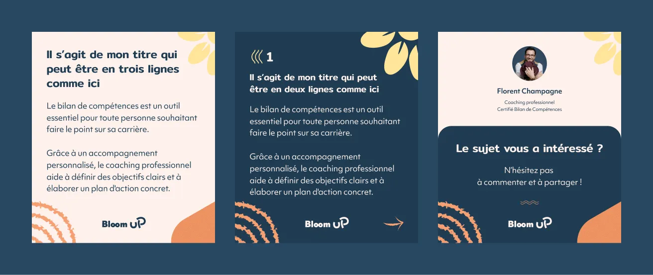 Trois cadres carrés alignés horizontalement sur fond bleu marine avec décorations jaunes et orange clair. Cadre gauche avec texte en français parlant du bilan de compétences, coaching professionnel et plan d'action, avec logo Bloom Up. Cadre du milieu affiche un numéro 1, un titre en deux lignes, un texte similaire au cadre gauche, flèches décoratives et logo Bloom Up. Cadre droit présente une photo ronde d'un homme souriant tenant un objet, son nom Florent Champagne, ses qualifications, et un appel à commenter et partager, avec logo Bloom Up en bas.