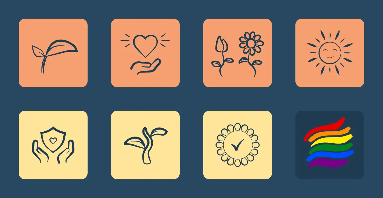 Huit icônes sur fond bleu et orange représentant une plante, une main tenant un cœur, deux fleurs, un soleil souriant, des mains protégeant un bouclier avec un cœur, un jeune plant, une fleur avec une coche au centre, et des lignes ondulées aux couleurs arc-en-ciel.